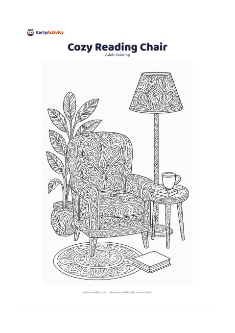 Colouring page: Show a comfortable armchair beside a floor lamp, a small side table with a cup, and a leafy houseplant. Place a closed, unmarked book on the table without any visible writing or symbols.