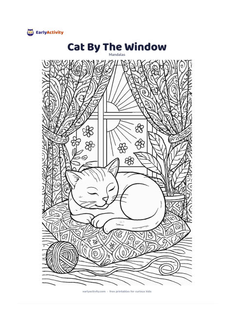Colouring page: Show a curled domestic cat resting on a cushion in the centre beside an open window. Build the mandala from curtain folds, potted leaves, yarn loops, window rays, small flowers, and…