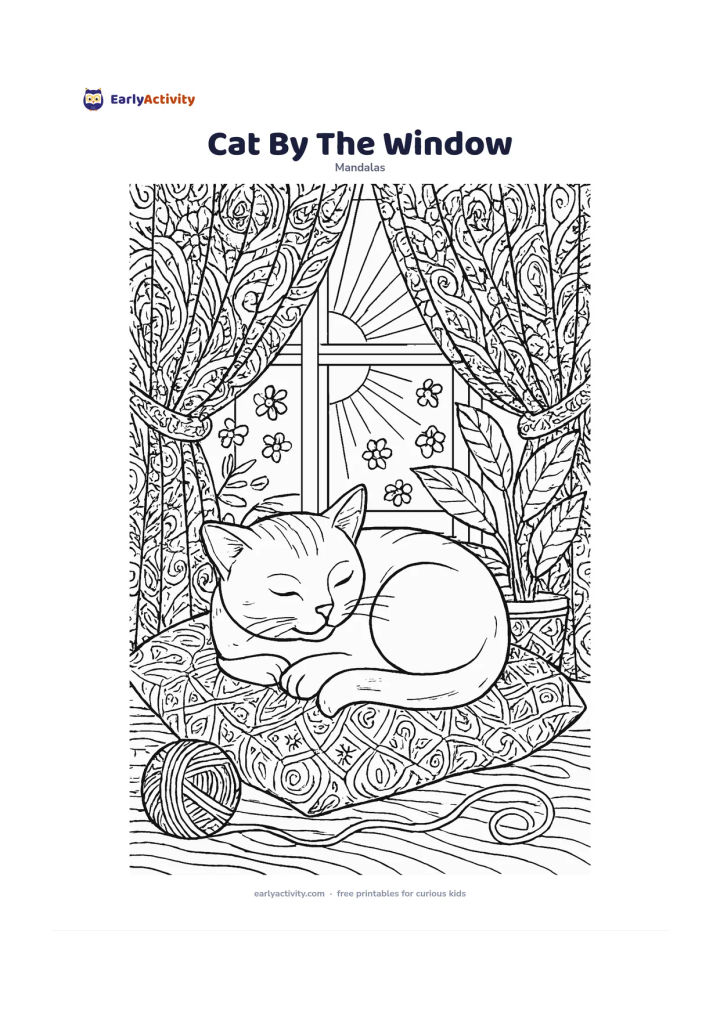 Colouring page: Show a curled domestic cat resting on a cushion in the centre beside an open window. Build the mandala from curtain folds, potted leaves, yarn loops, window rays, small flowers, and…