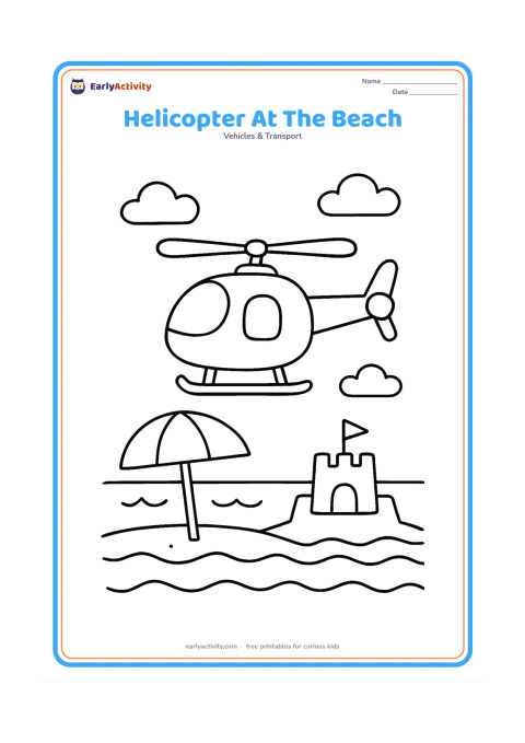 Colouring page: Draw a helicopter hovering above a beach with a small umbrella, gentle waves, a sandcastle and a few clouds. Show the landing skids and both rotors clearly.