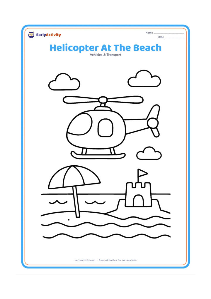 Colouring page: Draw a helicopter hovering above a beach with a small umbrella, gentle waves, a sandcastle and a few clouds. Show the landing skids and both rotors clearly.