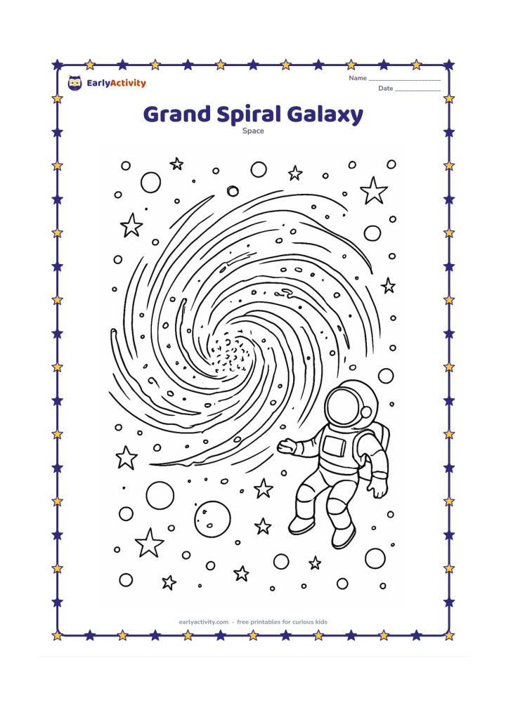 Colouring page: A sweeping spiral galaxy fills the page with many curved arms, star clusters, dust lanes and tiny planets, while a small astronaut floats near one outer arm. Include varied stars and…