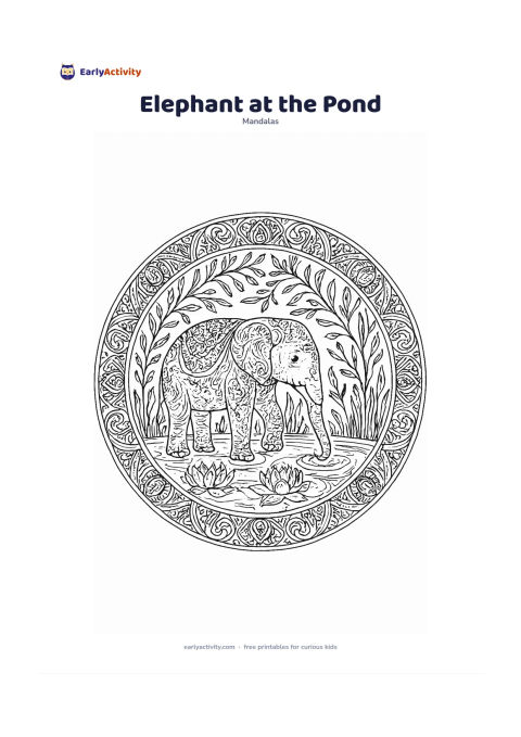 Colouring page: Create a circular mandala with a friendly elephant standing beside a lotus pond, its trunk gently reaching toward the water. Surround it with reeds, lotus flowers, water ripples, leafy…