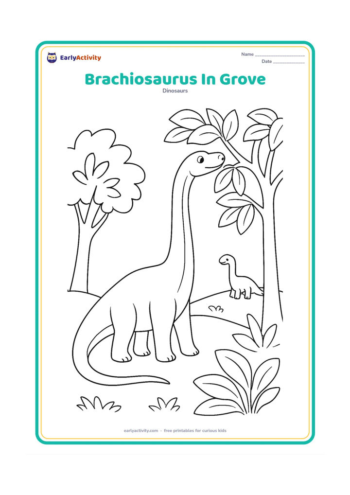 Colouring page: A Brachiosaurus stretches its long neck between two trees to reach leafy branches. Add a second small dinosaur in the distance, broad leaves and a gently curved ground line.