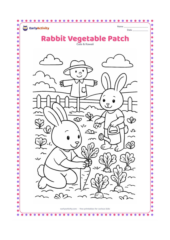 Colouring page: A rabbit kneels in a vegetable garden, pulling up a carrot while a second rabbit carries a small watering can. Include rows of carrots, leafy greens, a scarecrow and a low wooden fence.