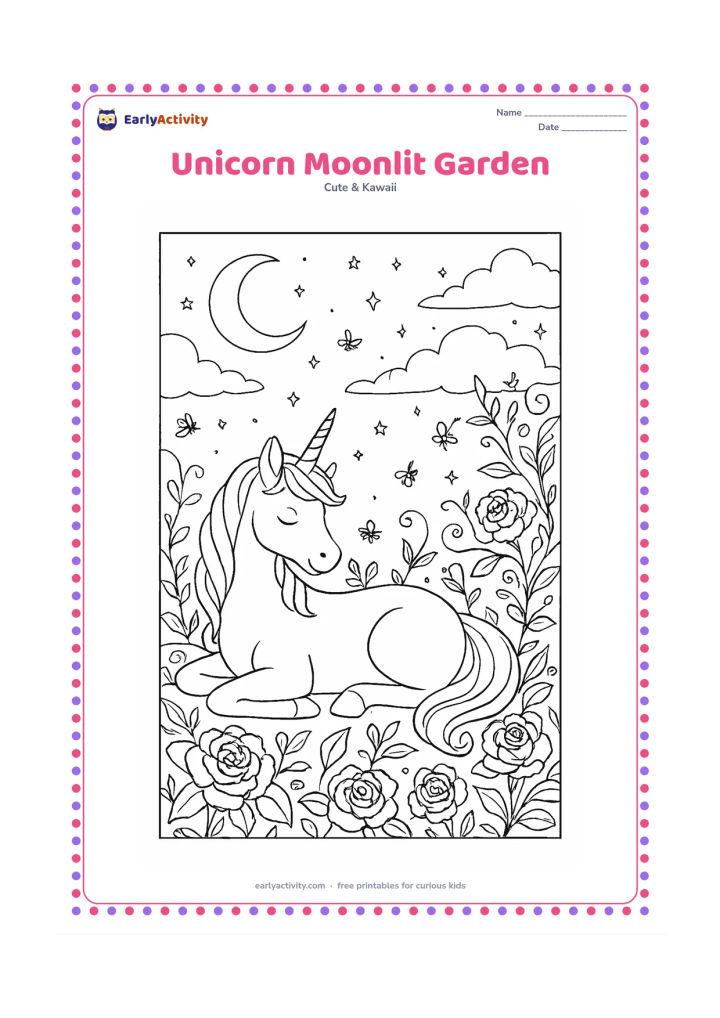 Colouring page: A unicorn rests in a moonlit garden beneath a crescent moon, surrounded by detailed roses, curling vines, fireflies, stars and layered clouds. Show the unicorn reclining peacefully in…