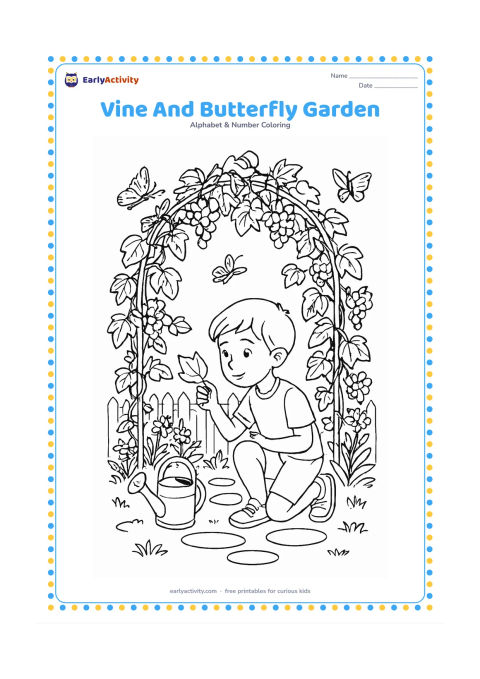 Colouring page: Draw a detailed garden arch covered in curling vines, leaves, and grape clusters, with butterflies, a watering can, stepping stones, and a child examining one leaf. Include a fence and…
