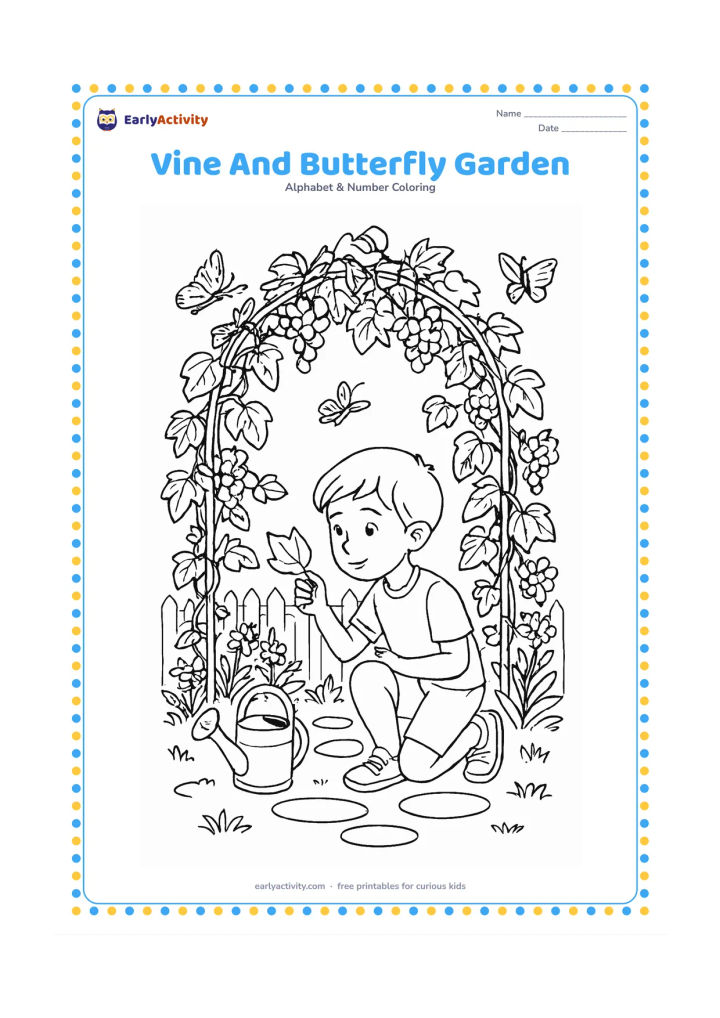 Colouring page: Draw a detailed garden arch covered in curling vines, leaves, and grape clusters, with butterflies, a watering can, stepping stones, and a child examining one leaf. Include a fence and…