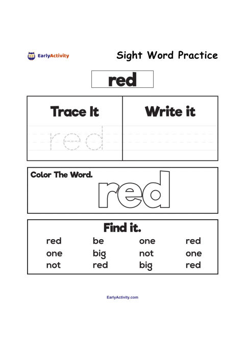 Worksheet for practising the sight word red, with tracing, writing, colouring and word-finding activities.