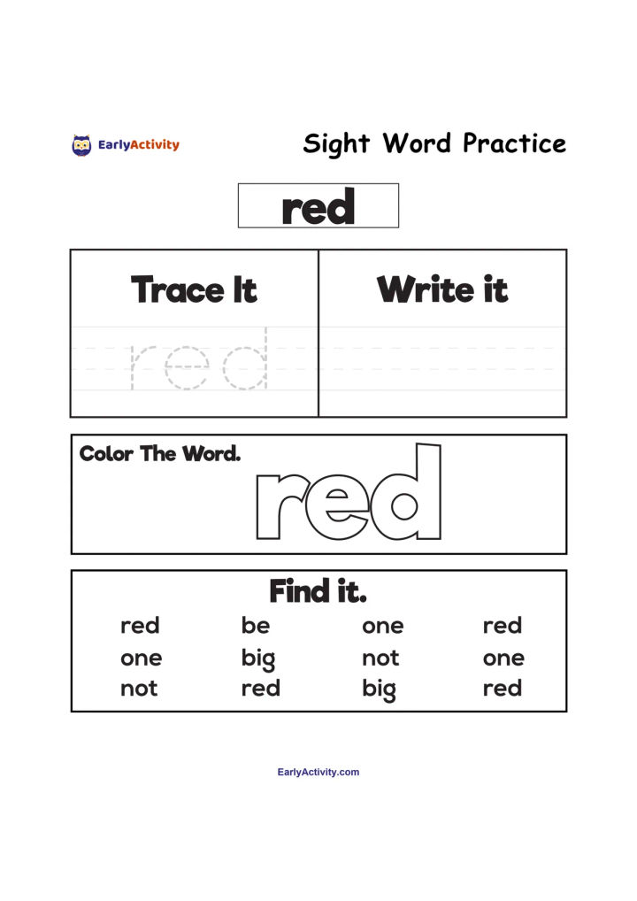 Worksheet for practising the sight word red, with tracing, writing, colouring and word-finding activities.