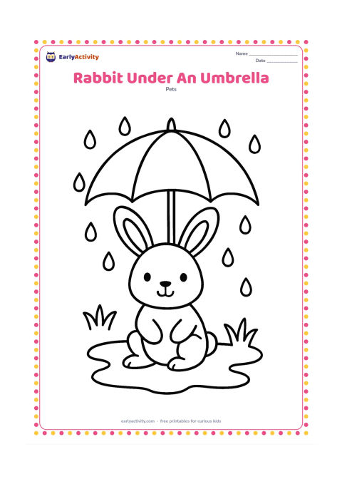 Colouring page: A rabbit sits beneath a large open umbrella while small rounded raindrops fall around it. Add a puddle and two simple grass tufts.