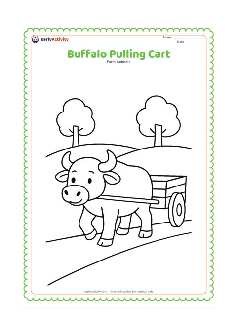 Colouring page: Draw one buffalo walking forward while pulling a small empty two-wheeled farm cart. Show a straight harness, a wide path and two distant rounded trees.
