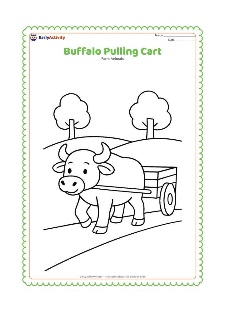 Colouring page: Draw one buffalo walking forward while pulling a small empty two-wheeled farm cart. Show a straight harness, a wide path and two distant rounded trees.