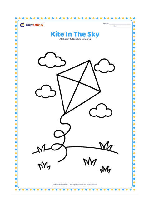 Colouring page: A large diamond-shaped kite rises above a grassy park with a curling tail and a few soft clouds. Leave open space around the kite and show the string leading down to the edge of the…