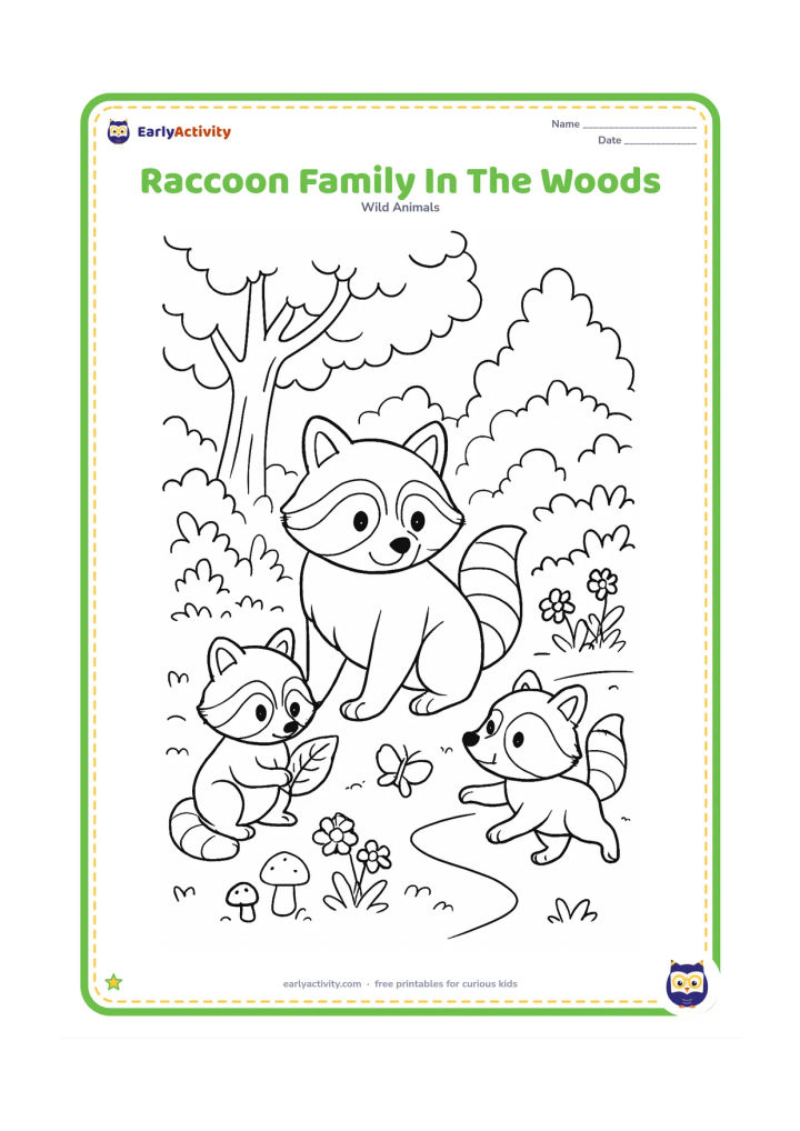 Colouring page: Draw an adult raccoon and two young raccoons exploring a woodland clearing together, with one youngster examining a leaf and the other following a butterfly. Add a large tree, layered…
