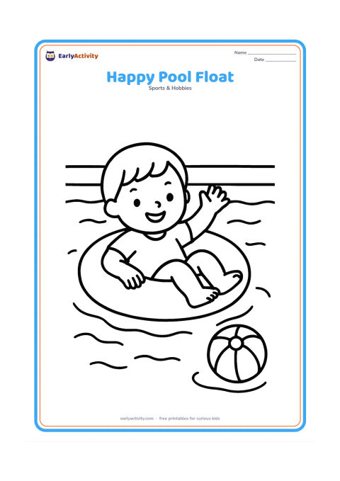 Colouring page: A young child sits safely on a large inflatable ring in a shallow swimming pool, smiling and waving. Show broad water ripples, a pool edge and a simple beach ball nearby, with no text or…