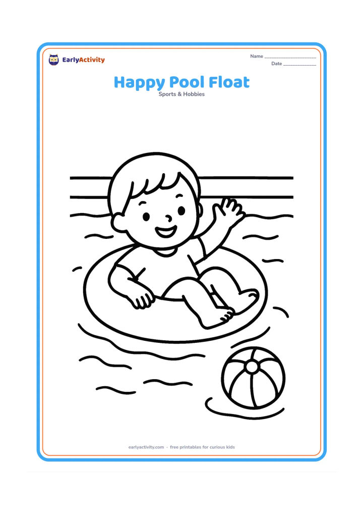 Colouring page: A young child sits safely on a large inflatable ring in a shallow swimming pool, smiling and waving. Show broad water ripples, a pool edge and a simple beach ball nearby, with no text or…