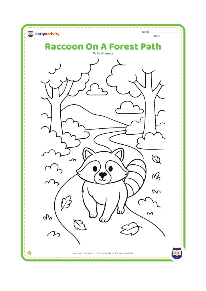 Colouring page: Draw a raccoon walking along a winding woodland path toward the viewer, with its ringed tail visible to one side. Add bushes, tree trunks, scattered leaves and a distant hill.