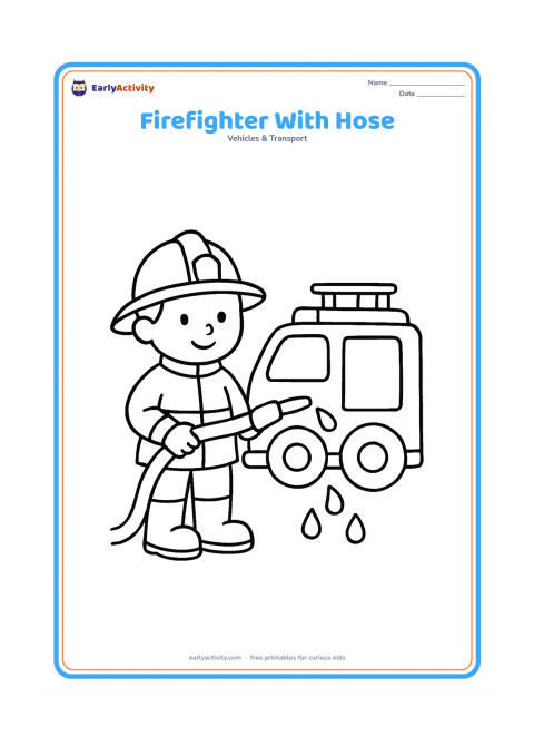 Colouring page: Draw a friendly firefighter standing beside a small fire truck and holding a thick hose pointed toward the ground. Include a helmet, boots, two large wheels and a few simple water drops.