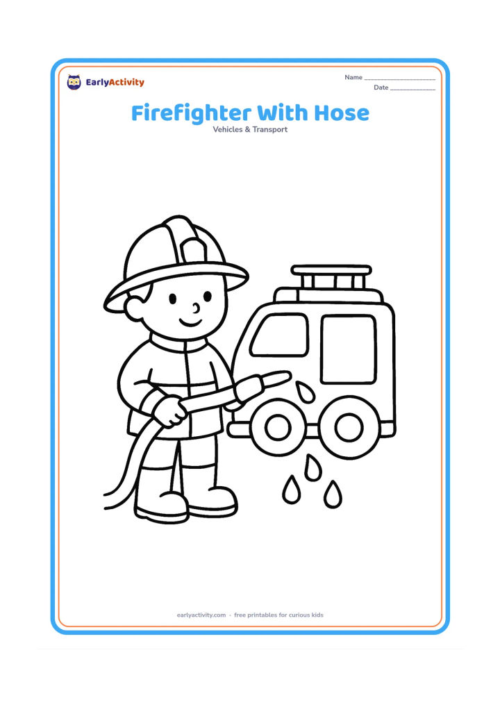 Colouring page: Draw a friendly firefighter standing beside a small fire truck and holding a thick hose pointed toward the ground. Include a helmet, boots, two large wheels and a few simple water drops.