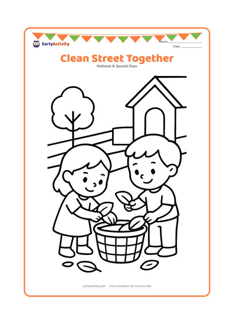 Colouring page: Draw two children placing leaves into a simple basket while tidying a clean Indian neighbourhood lane. Include a small tree, a low wall and one house doorway.