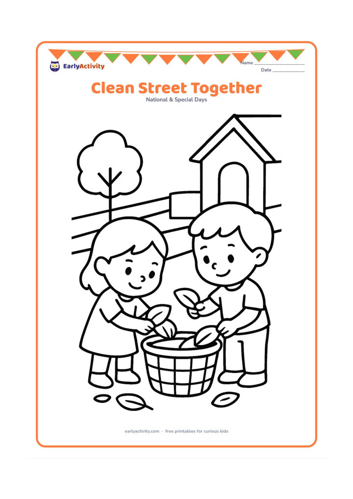 Colouring page: Draw two children placing leaves into a simple basket while tidying a clean Indian neighbourhood lane. Include a small tree, a low wall and one house doorway.