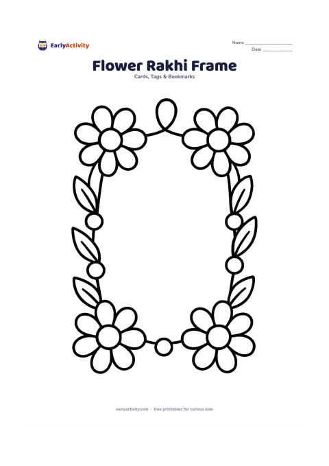Worksheet: Create a simple card frame made from large flowers, leaves, and round rakhi beads, leaving a generous plain centre for an adult-written message. Add a small thread loop at the top.