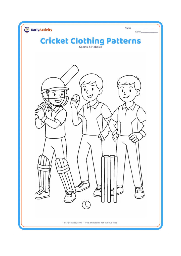 Colouring page: Three friendly young players stand in different cricket poses wearing varied blank sports clothing: a batter with a helmet, a bowler and a fielder. Add bats, gloves, a ball, wickets and…