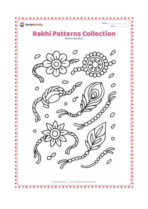 Colouring page: Arrange several large, clearly different rakhis across the page: floral, beaded, braided, peacock-feather, starburst, and leaf designs. Include loose threads and small decorative beads…