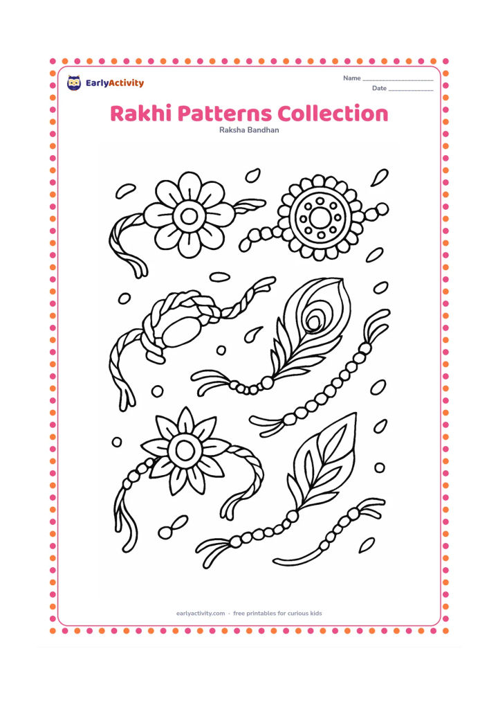 Colouring page: Arrange several large, clearly different rakhis across the page: floral, beaded, braided, peacock-feather, starburst, and leaf designs. Include loose threads and small decorative beads…