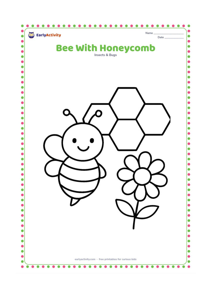 Colouring page: A cheerful bee sits beside a small honeycomb made from several large hexagons, with one large flower nearby. Arrange the bee and honeycomb clearly in the centre.