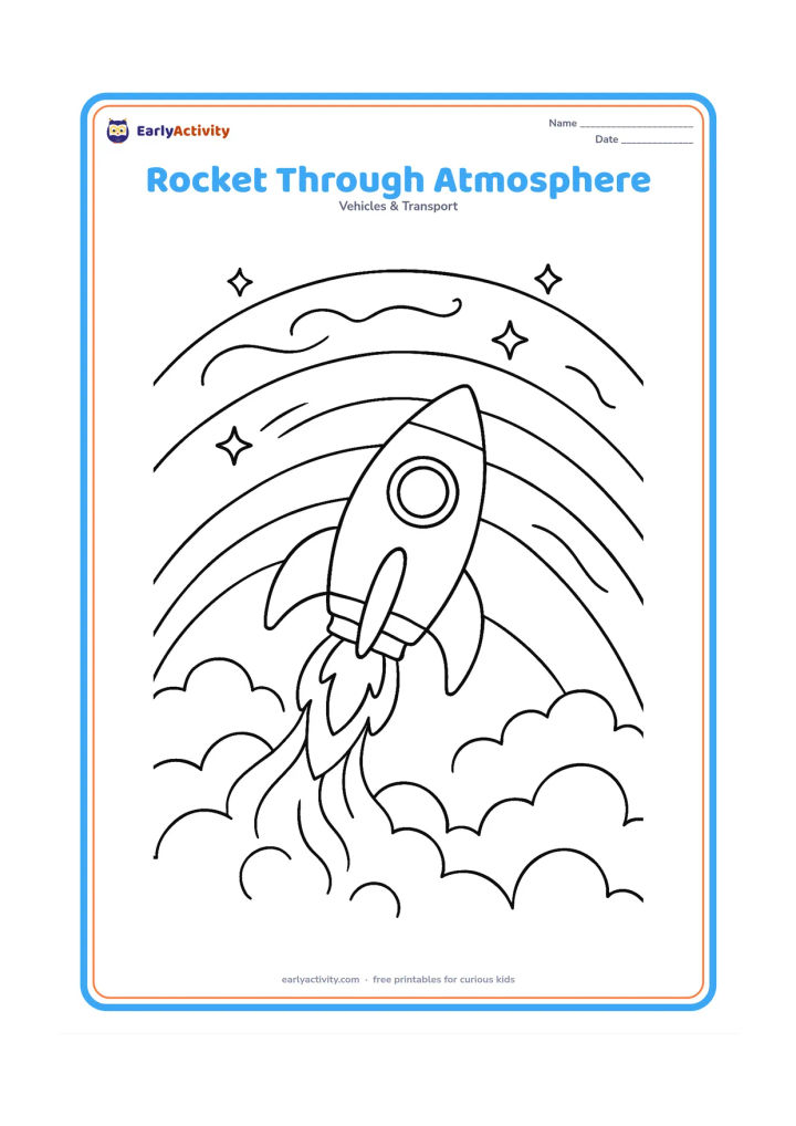 Colouring page: Draw a rocket climbing through layered curved bands of sky toward space, with clouds below, wispy air currents and stars appearing above.