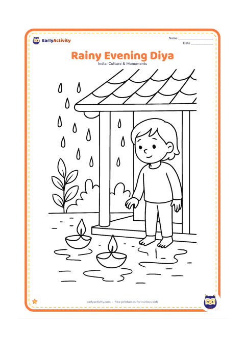 Colouring page: A covered veranda protects two diyas from light rain, with a child watching from the doorway, wet floor reflections and leafy plants nearby.