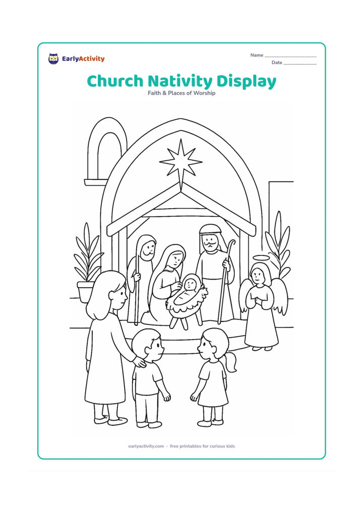 Colouring page: Show children and an adult standing in an Indian church courtyard beside a large nativity display featuring the manger, Mary, Joseph, shepherds and one angel. Include an arched entrance,…