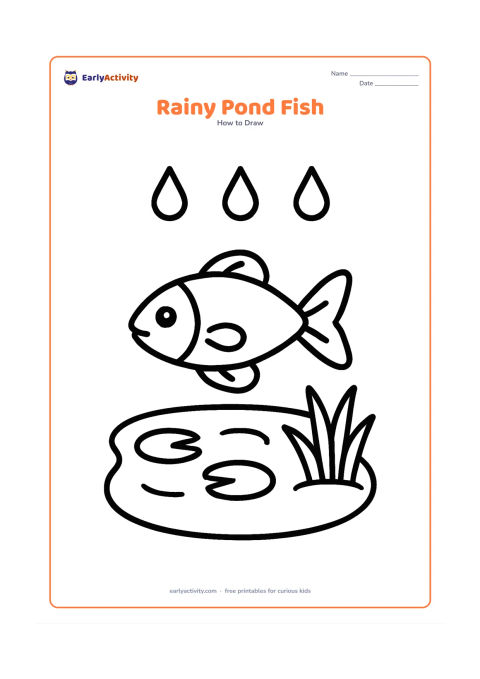 Worksheet: Show one large fish in a small pond beneath three simple raindrops, with two lily-pad shapes and one broad pond plant. Give the fish a clear body, tail, eye, and fins.