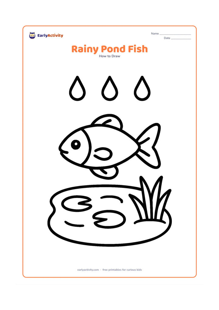 Worksheet: Show one large fish in a small pond beneath three simple raindrops, with two lily-pad shapes and one broad pond plant. Give the fish a clear body, tail, eye, and fins.