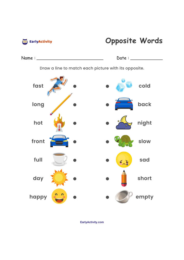 Worksheet with opposite words and pictures for children to connect, including fast and slow, hot and cold, day and night, and happy and sad.