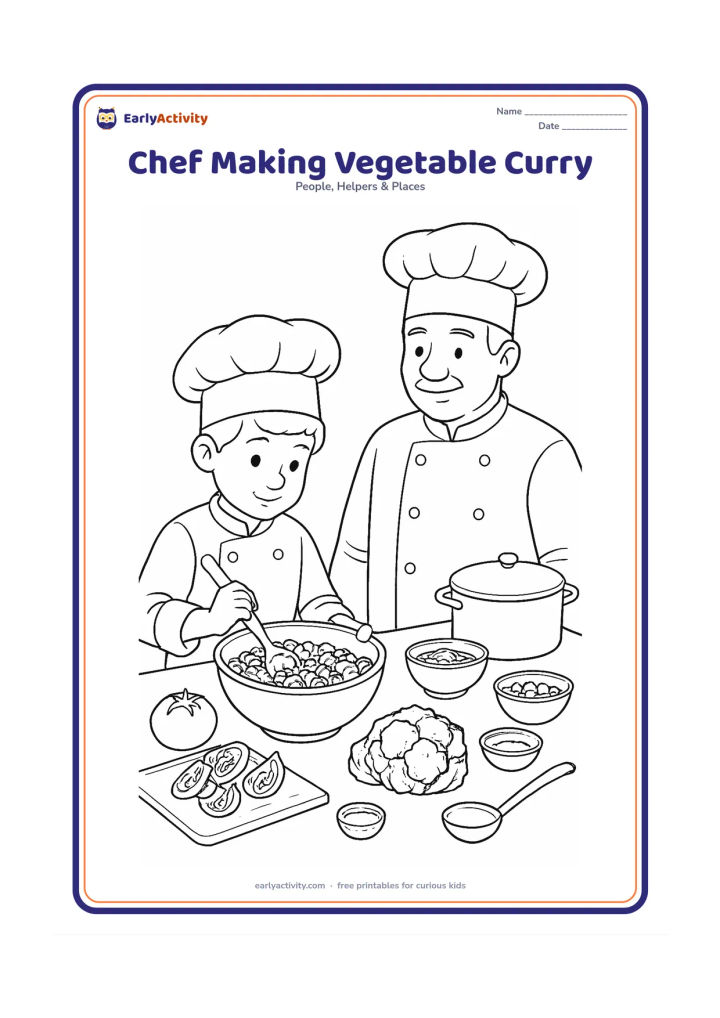 Colouring page: An older child chef carefully mixes chopped vegetables in a large bowl while an adult chef supervises from beside the counter. Show tomatoes, cauliflower, peas, bowls of spices, a ladle,…