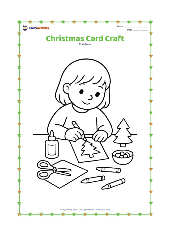 Colouring page: Draw a child at a table making a handmade Christmas card, with crayons, scissors, glue, blank paper shapes, a small tree and a bowl of decorations.