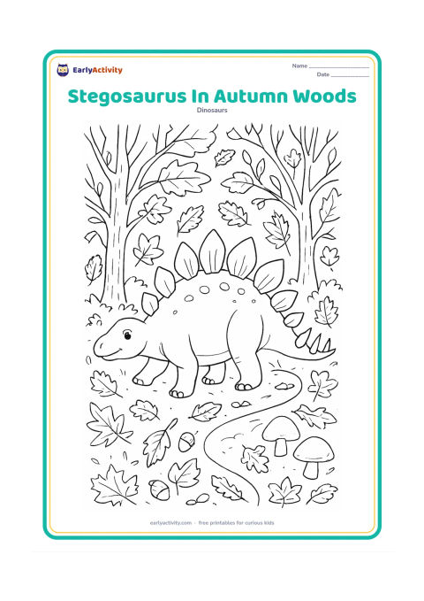Colouring page: Draw a stegosaurus walking through autumn woodland with patterned fallen leaves, branching trees, acorns, mushrooms, and a narrow path. Show its tail angled toward the viewer so the four…