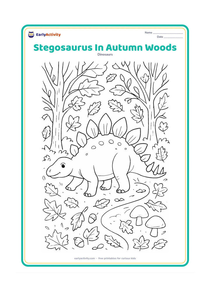 Colouring page: Draw a stegosaurus walking through autumn woodland with patterned fallen leaves, branching trees, acorns, mushrooms, and a narrow path. Show its tail angled toward the viewer so the four…