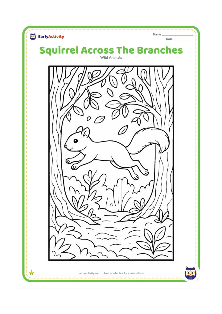 Colouring page: Draw a squirrel leaping between two branching trees with its tail extended for balance. Add layered woodland trunks, leaves, vines, and a forest floor below.