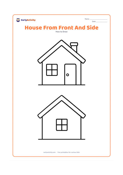 Worksheet: Show the same house from two views in one clean page: a front view with a door and windows, and a side view with a sloping roof and one window. Separate the views with a plain gap and…