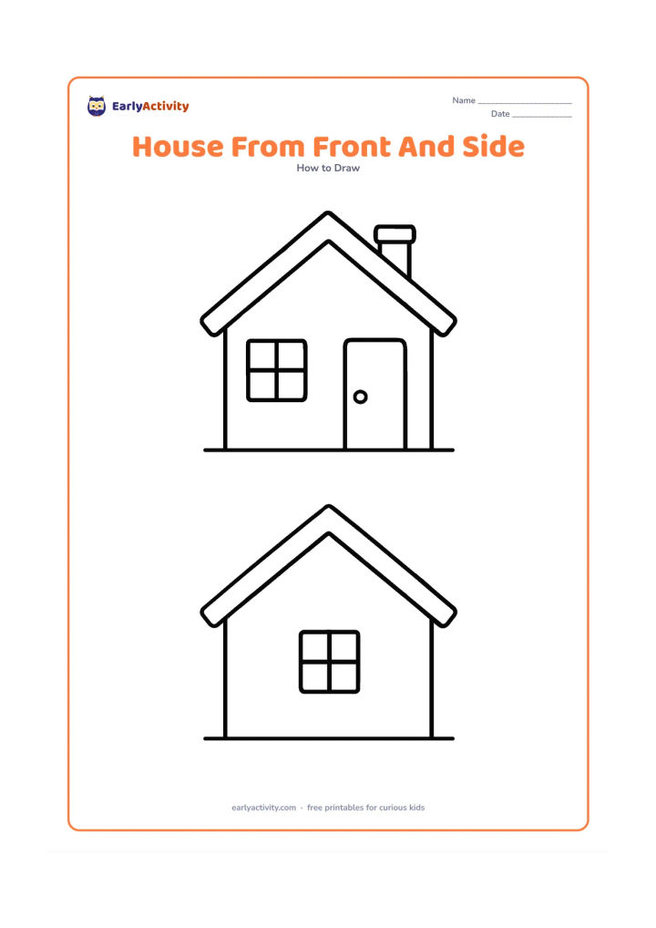 Worksheet: Show the same house from two views in one clean page: a front view with a door and windows, and a side view with a sloping roof and one window. Separate the views with a plain gap and…