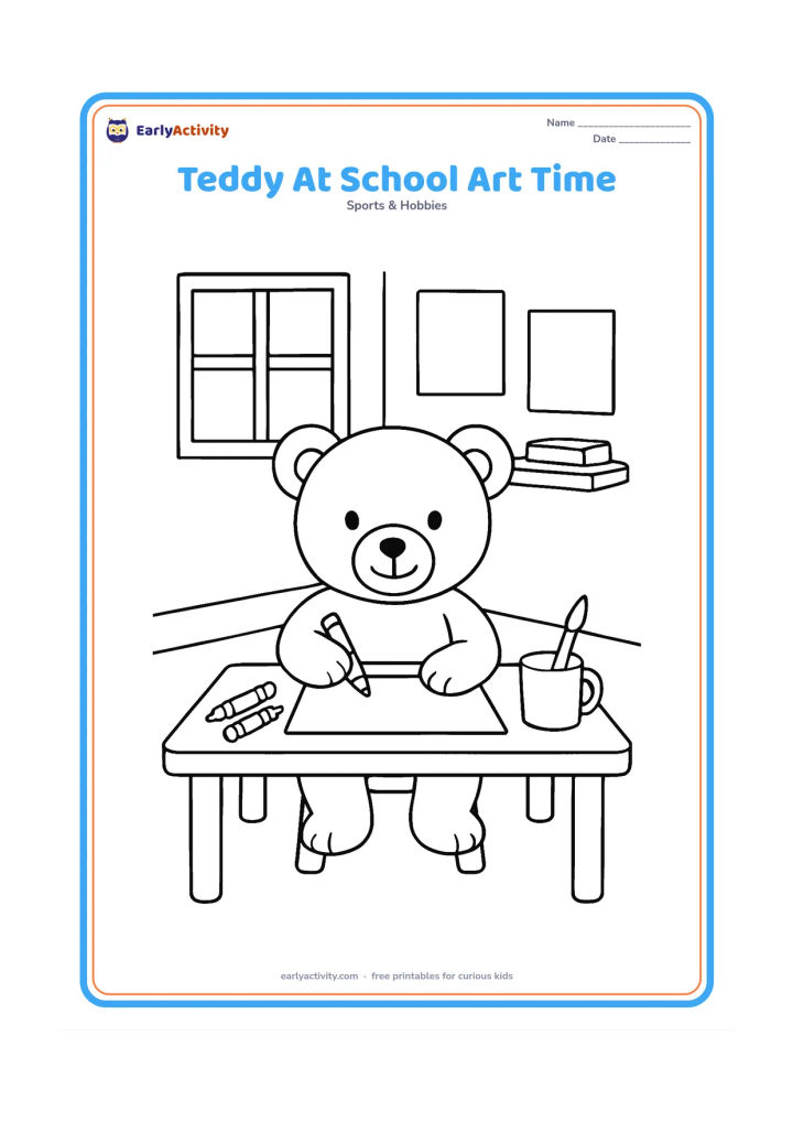 Colouring page: A teddy bear sits at a small classroom table, colouring a blank sheet while crayons, a paintbrush and a cup sit nearby. Add a window, a shelf and a few blank paintings on the wall.