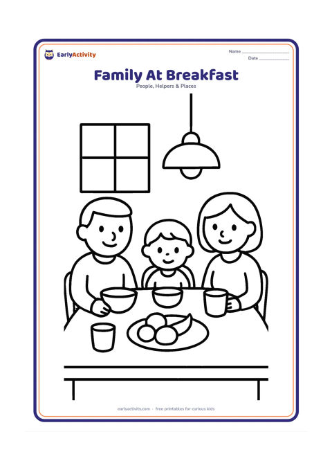 Colouring page: Show a small family seated around a table with bowls, cups and a plate of fruit. Include a simple window and a hanging lamp.