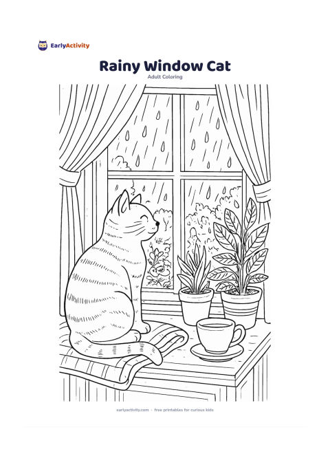 Colouring page: Draw a friendly cat sitting on a wide windowsill and watching rain fall over a garden, with potted plants, a folded blanket, a teacup, curtain folds, window panes and puddle reflections…