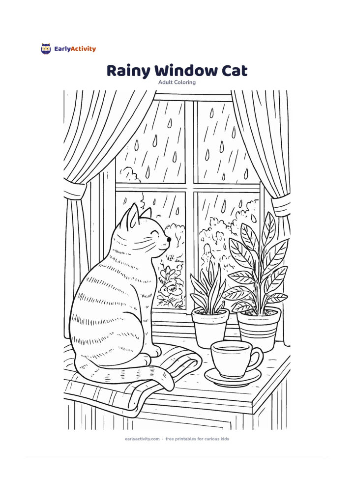 Colouring page: Draw a friendly cat sitting on a wide windowsill and watching rain fall over a garden, with potted plants, a folded blanket, a teacup, curtain folds, window panes and puddle reflections…