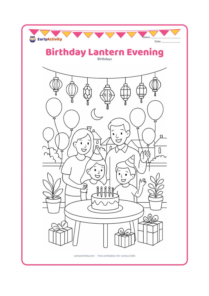 Colouring page: A family birthday celebration takes place on a terrace at evening, with children around a cake table, hanging lanterns, balloons, gifts, potted plants, and a view of rooftops beneath the…