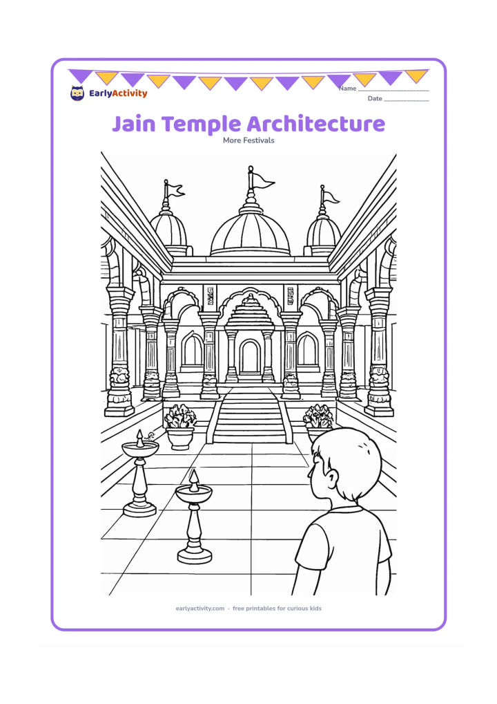 Colouring page: Draw a detailed Jain temple courtyard with carved-looking but unmarked pillars, domes, steps, flower pots, lamps and a child quietly observing from the foreground.